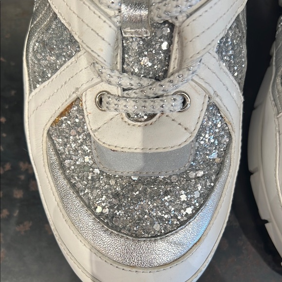 Jimmy Choo Silver Glitter and White Leather Sneakers - Picture 7 of 15